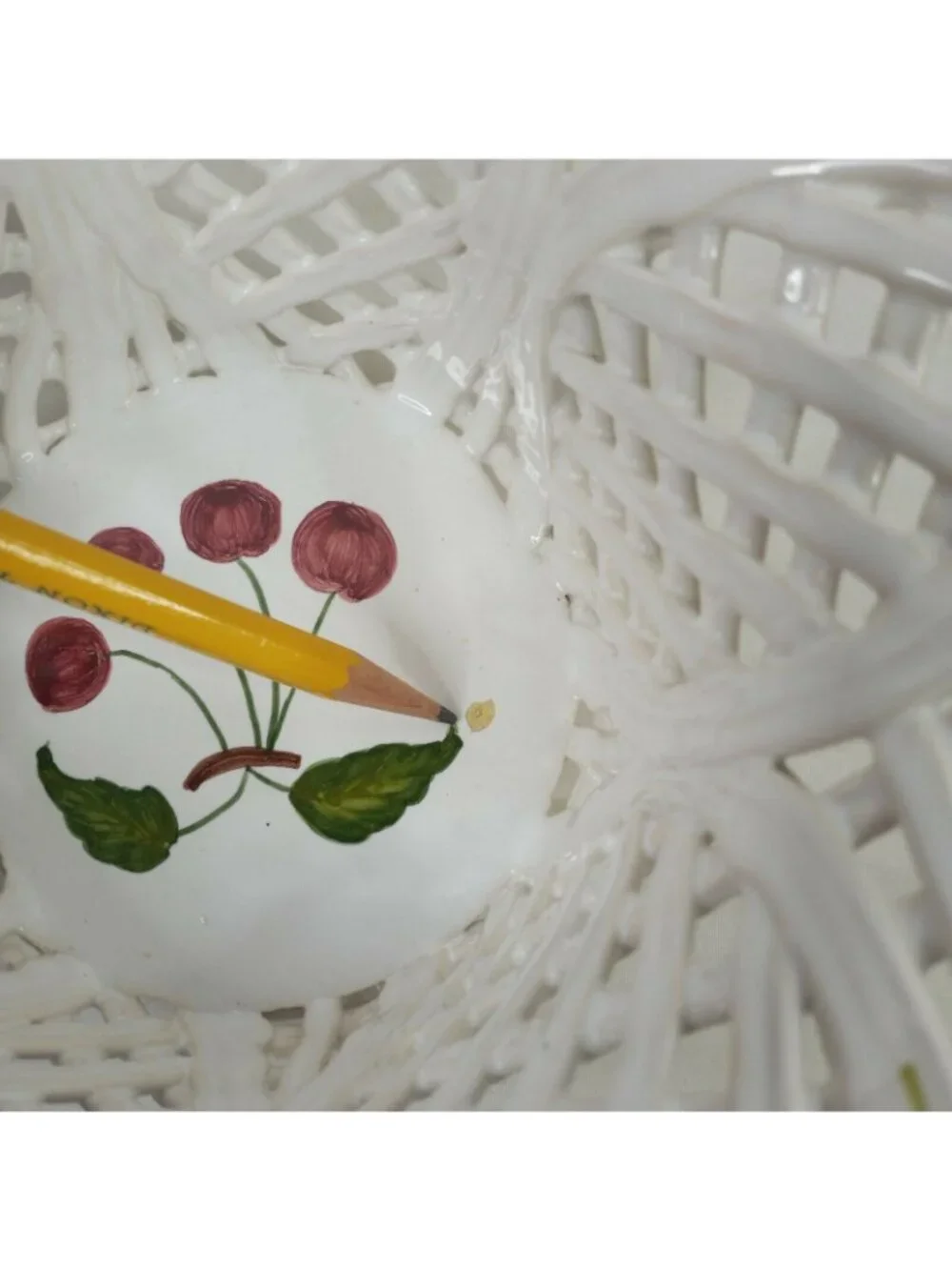 Hand Painted Ceramic White Basket Weave Bowl With Floral Cherry Details Handles